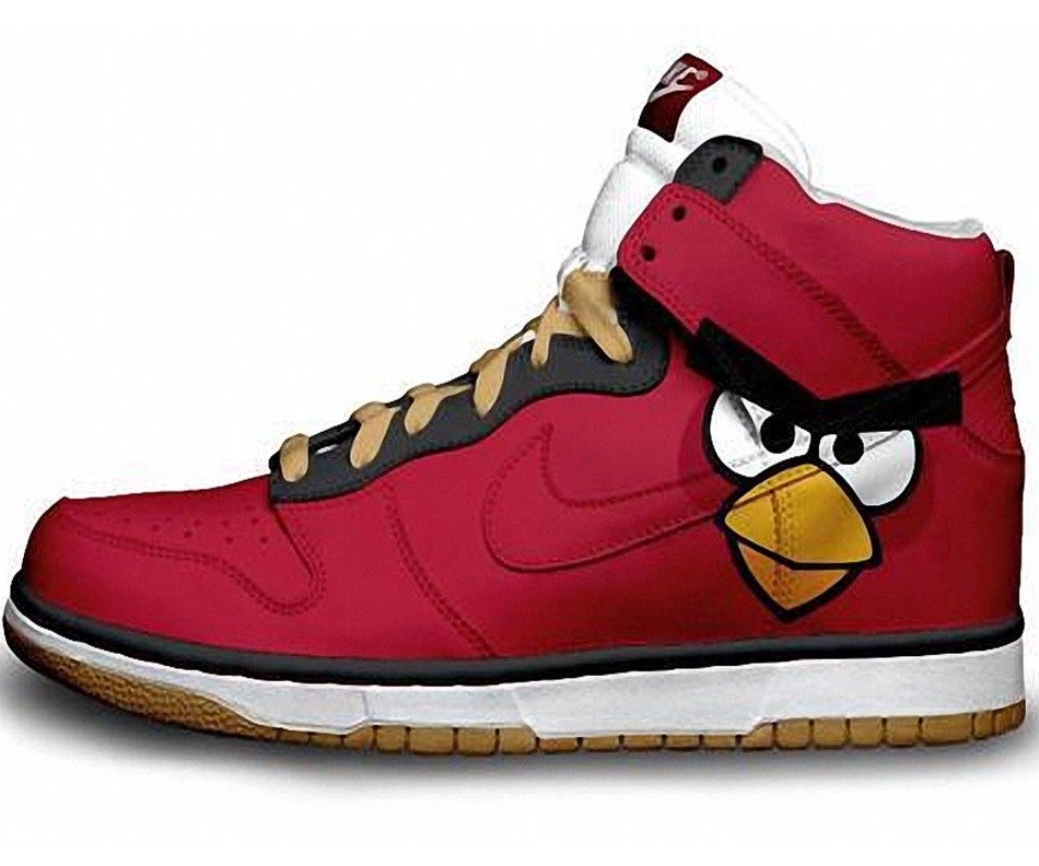 red shoes with the image of an angry bird