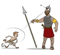 cartoon boy throws a stone in roman war