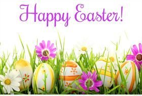 Happy Easter, banner with flowers and painted eggs on grass