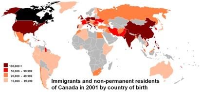 Immigrations and non-permanent residents of Canada, colored map