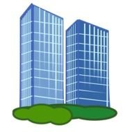 drawings of skyscrapers on a green hill