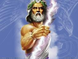 Zeus, Greek God with lighting at sky, drawing