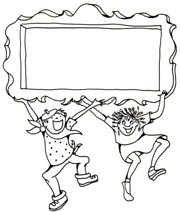 Black and white drawing of the children with the frame clipart