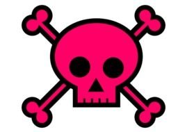 pink skull with bones on a dark background