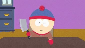 South Park cartoon character with axe at table