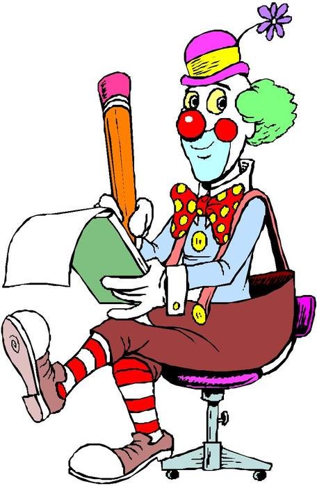 drawing of a clown on a chair with a notebook in his hands