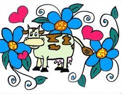painted cow among flowers