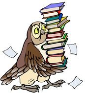 cartoon owl carries a stack of books