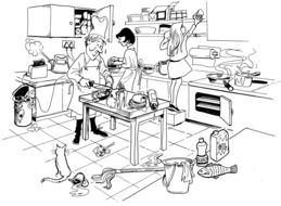 black and white picture of a mess in the kitchen