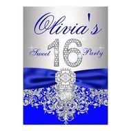 Royal Blue And Silver Sweet 16 Party Card