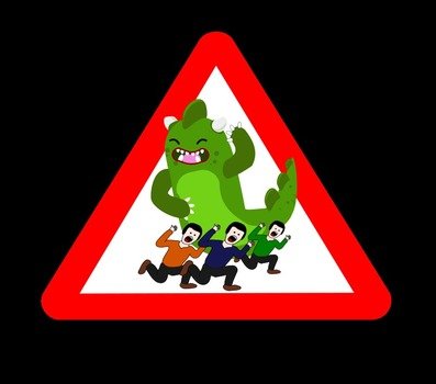 sign with a monster and people on a black background