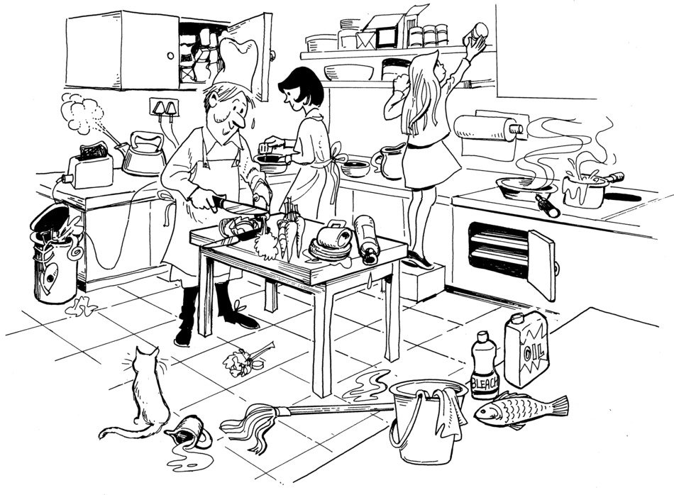 black and white picture of a mess in the kitchen