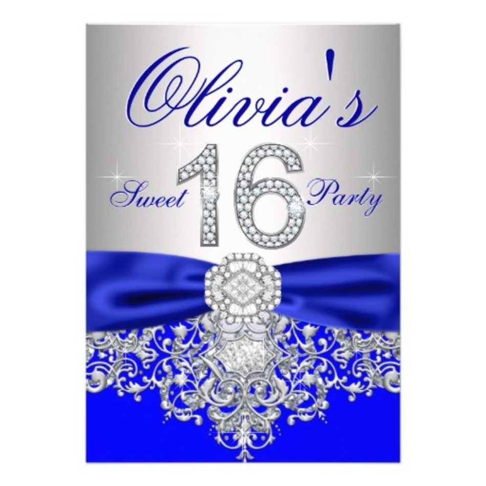 Royal Blue And Silver Sweet 16 Party Card