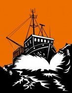 black picture of a ship on the waves on an orange background