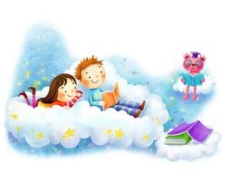 Cute Cartoon kids reading books on clouds