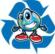 Reduce, Reuse, Recycle, anthropomorphic globe at blue arrows