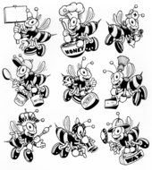 Black and white drawing of the busy bees