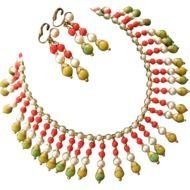 Green Orange amp Simulated Pearl Bib Necklace Earrings