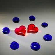 blue glass beads and red glass hearts