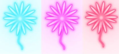 three flowers of different colors: blue, red and pink