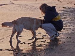a woman with a labrador on the shore