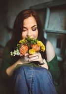 happy woman with flowers