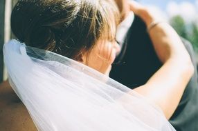 Photo of hugging bride and groom