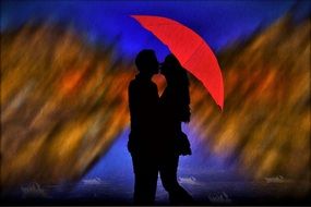 painted couple in love under a red umbrella