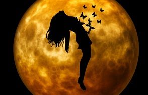 silhouette of woman on the moon background and butterflies