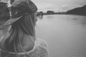 young girl with long hair monochrome