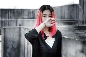 beautiful asian woman with pink hair