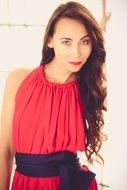 beautiful woman portrait long hair red dress