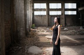 portrait of an asian model in black dress in the light