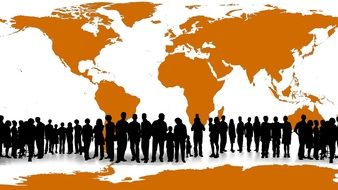 silhouette of a group of people on a world map background