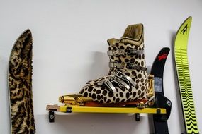 leopard printed ski boots and ski