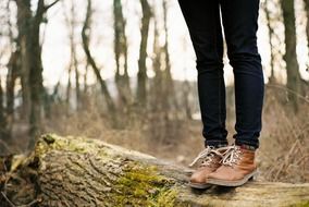 Woman is standing on the fallen tree