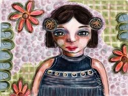 drawing of a girl on a background of flowers