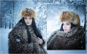 woman in furs posing in winter park