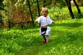 peasant girl runs along the path