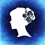 blue background with white silhouette of a woman