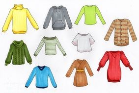 clothes of different colors on a white background