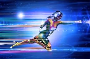 superhero girl running at cyber background, illustration