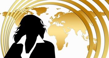 clipart of the businesswoman sillhouette and world map