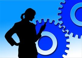 silhouette of a woman on a blue background with gears