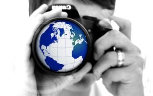 clipart of camera with globe instead of lens