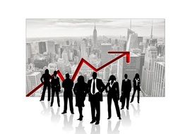 silhouettes of a group of business people on the background of skyscrapers and financial success arrow