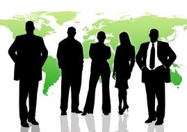 Silhouettes of businessmen on a background of green continents