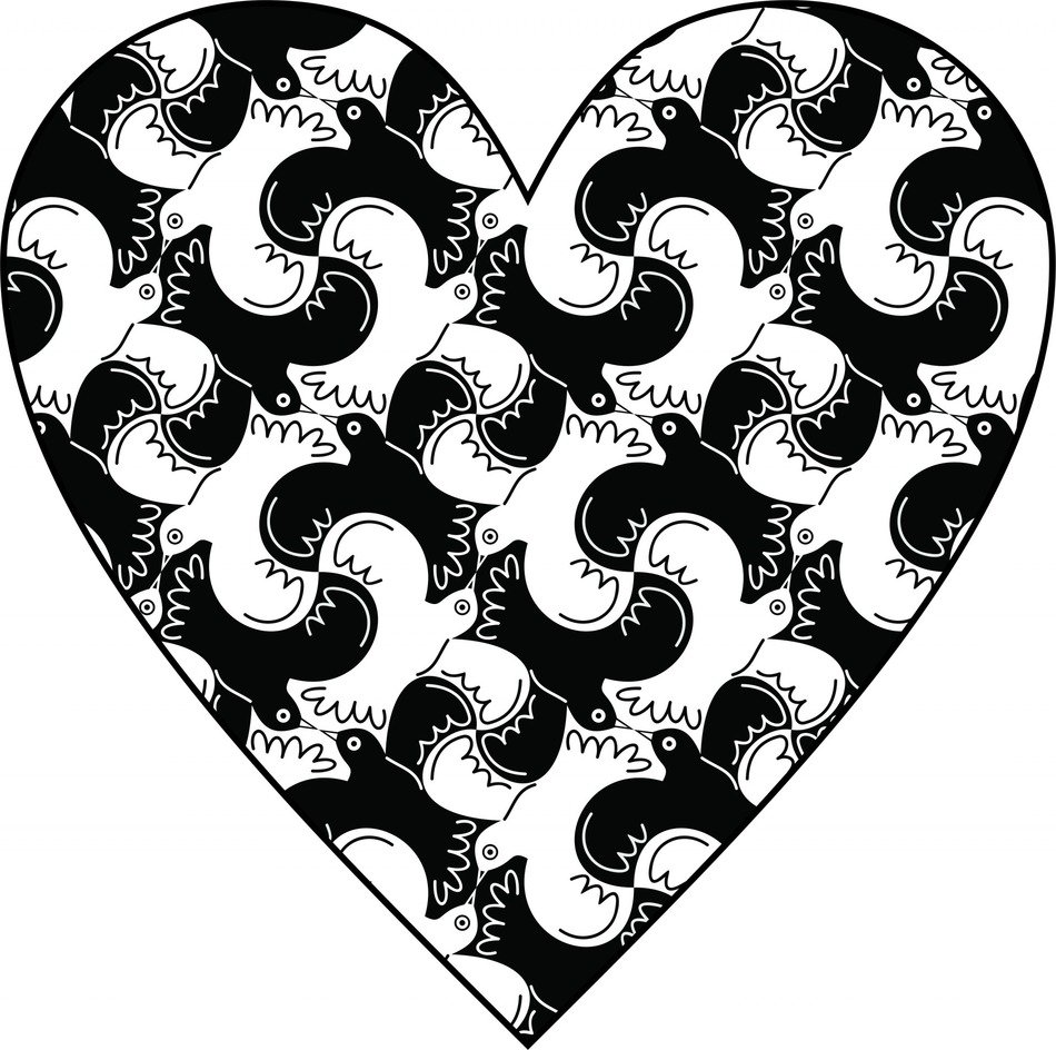 heart doves pigeons black white