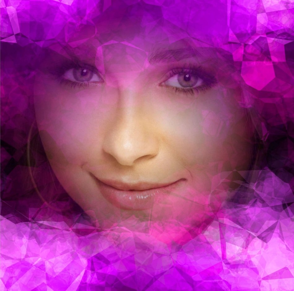 photomontage portrait of a woman on the background of a pink abstraction