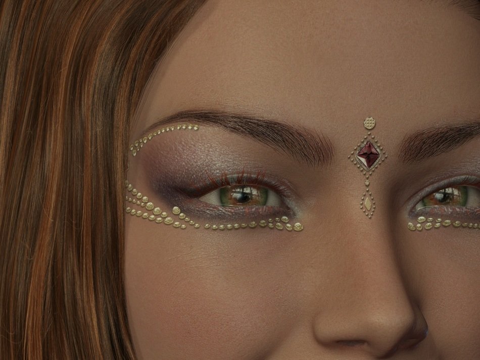 Drawing of eye makeup with golden jewelry